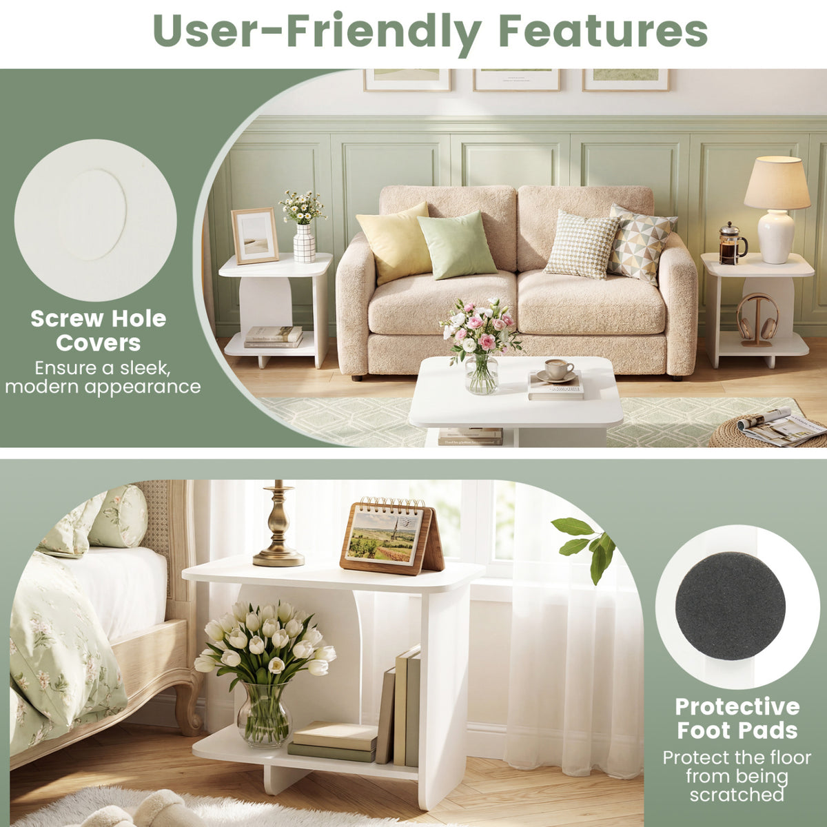 End Table with 2-Tier Storage Shelf, White