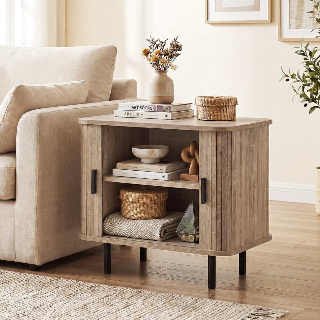 Modern Mid Century Nightstand with Sliding Doors, Natural