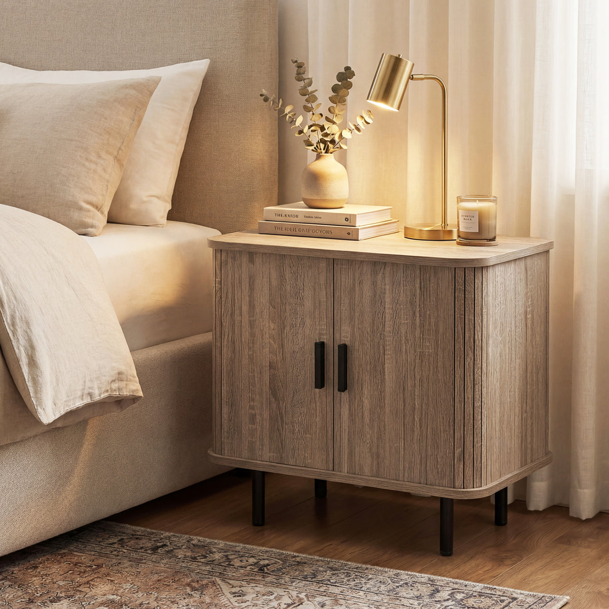 Modern Mid Century Nightstand with Sliding Doors, Natural