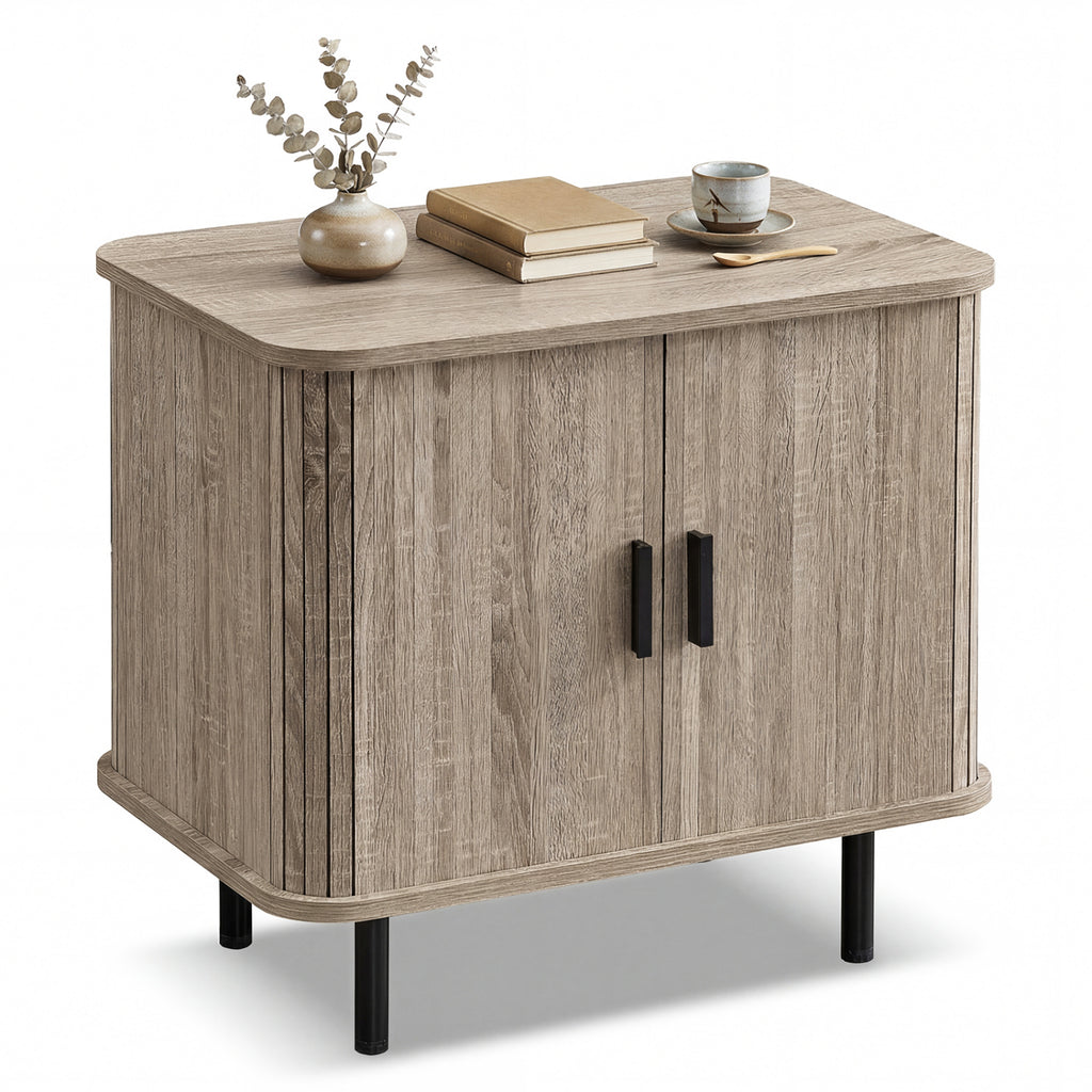 Modern Mid Century Nightstand with Sliding Doors, Natural