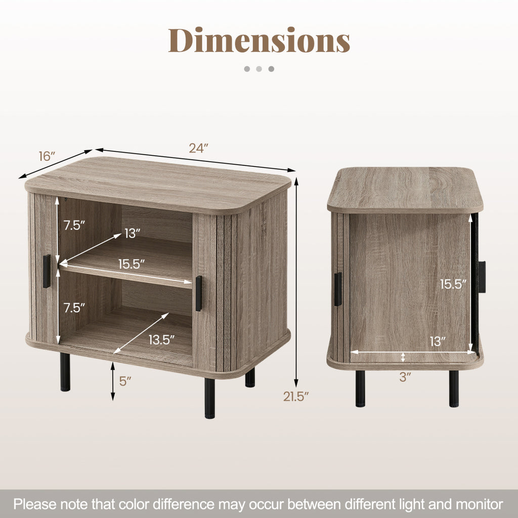 Modern Mid Century Nightstand with Sliding Doors, Natural