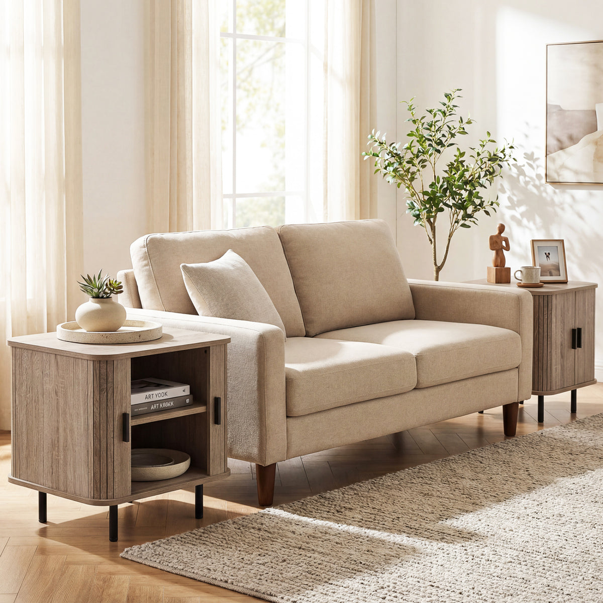 Modern Mid Century Nightstand with Sliding Doors, Natural