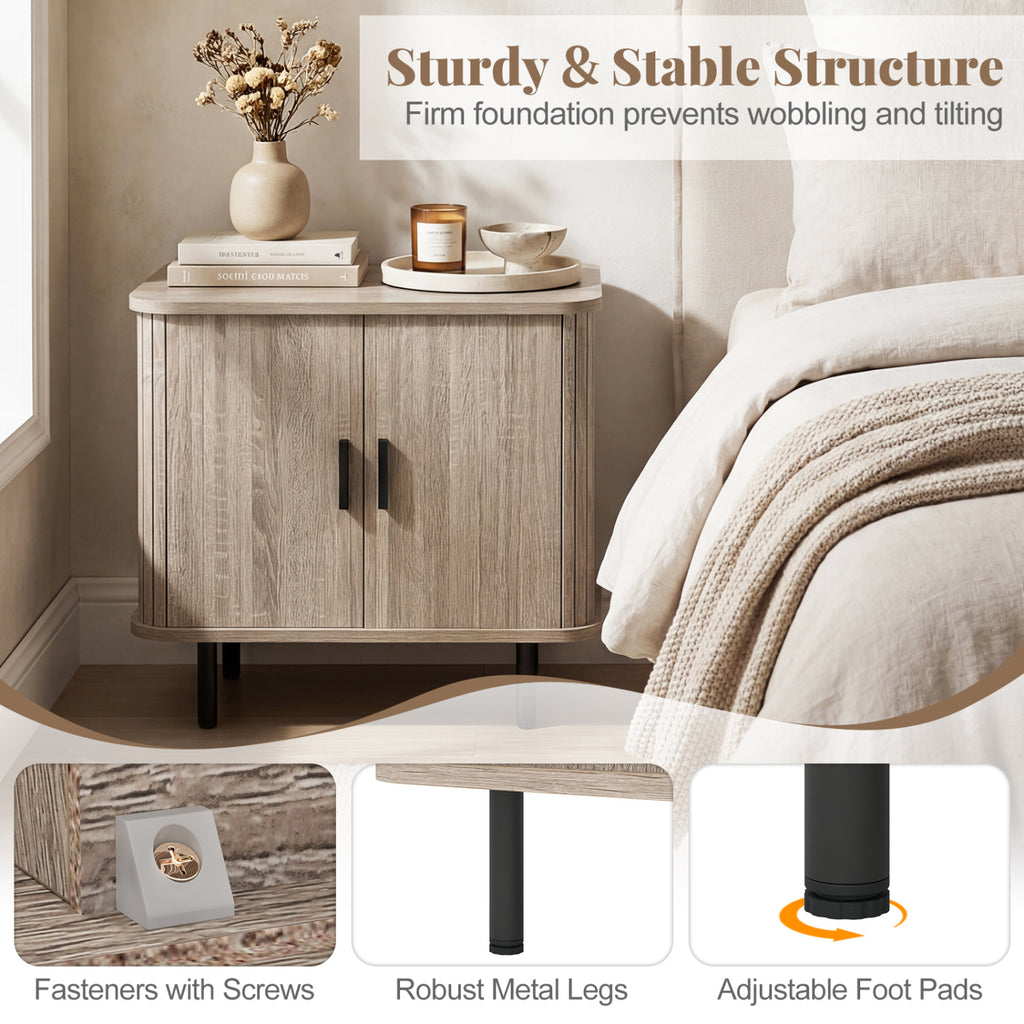Modern Mid Century Nightstand with Sliding Doors, Natural