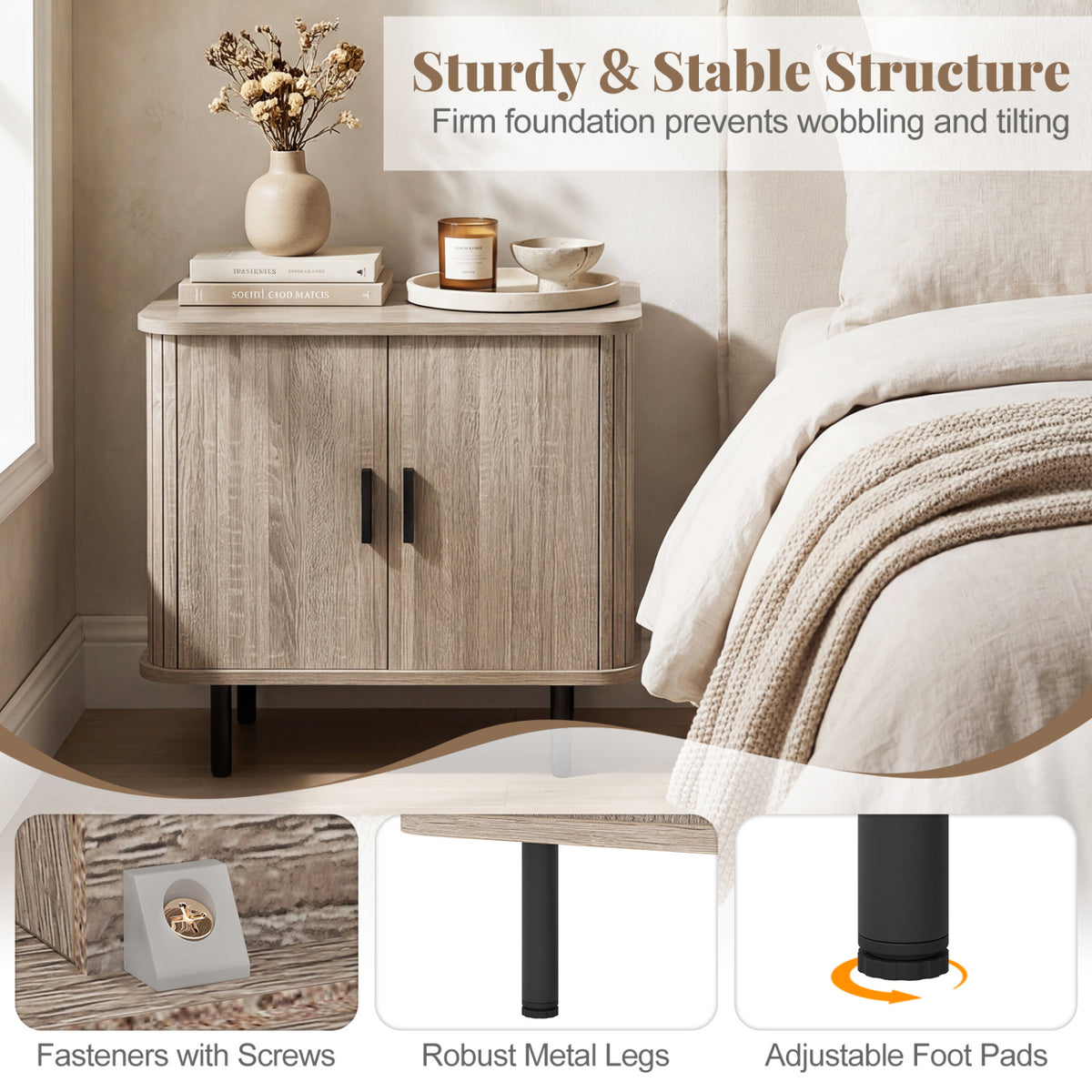 Modern Mid Century Nightstand with Sliding Doors, Natural