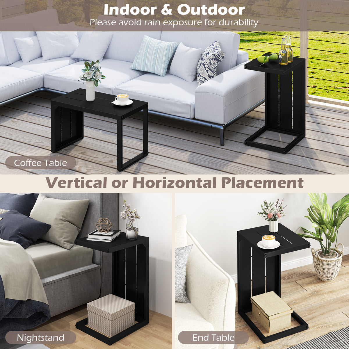 C-Shaped End Table Set of 2, Black - Indoor & Outdoor