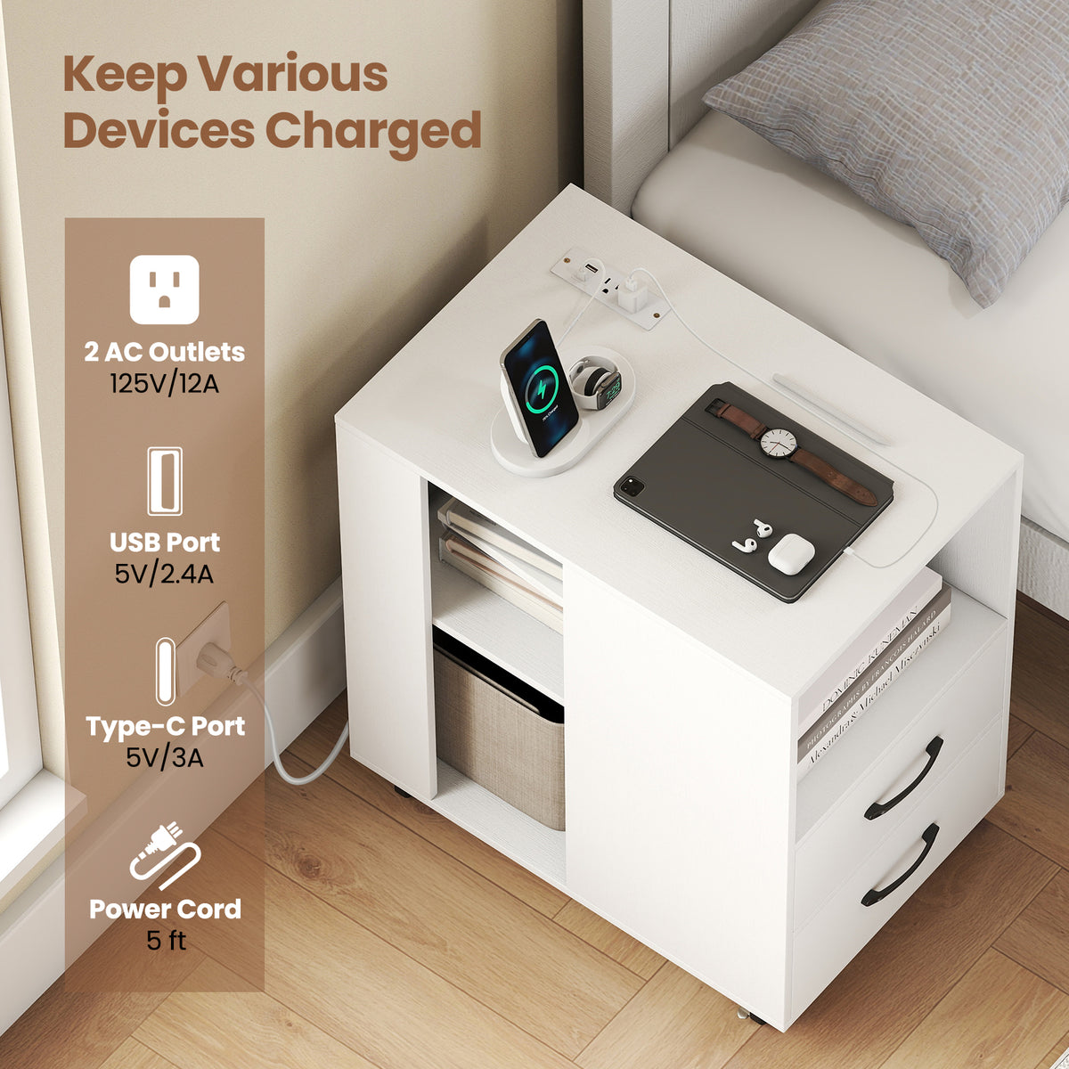 End Table with Charging Station & Storage Drawers - White