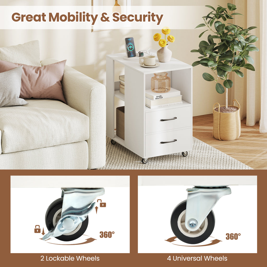 End Table with Charging Station & Storage Drawers - White