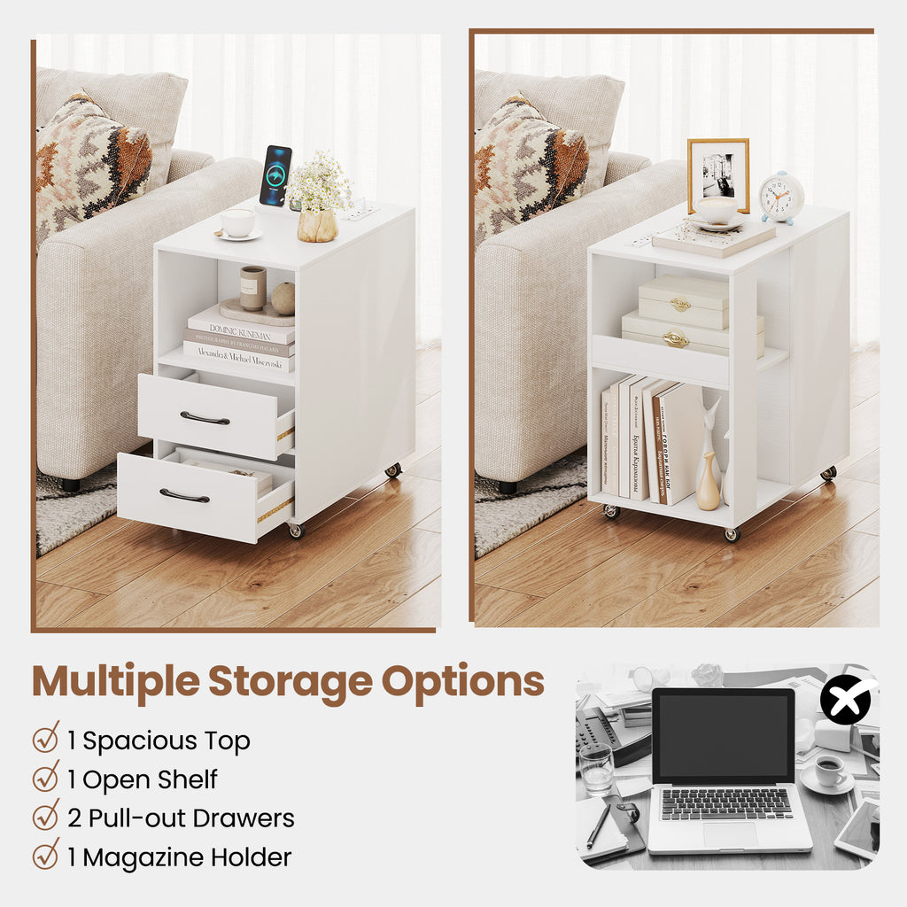 End Table with Charging Station & Storage Drawers - White