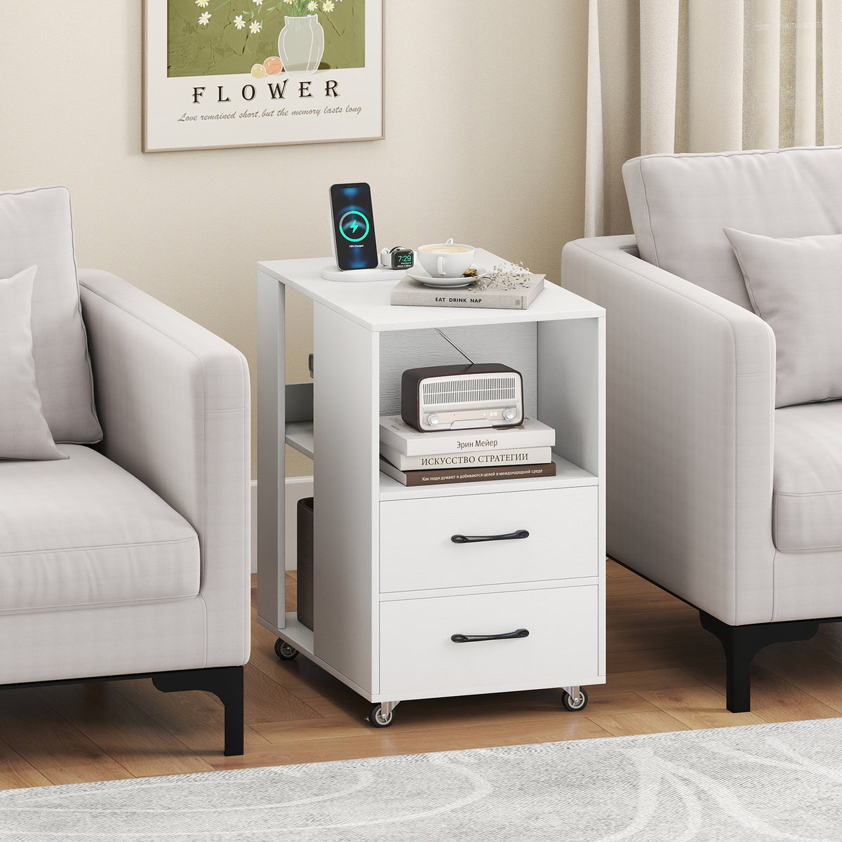 End Table with Charging Station & Storage Drawers - White