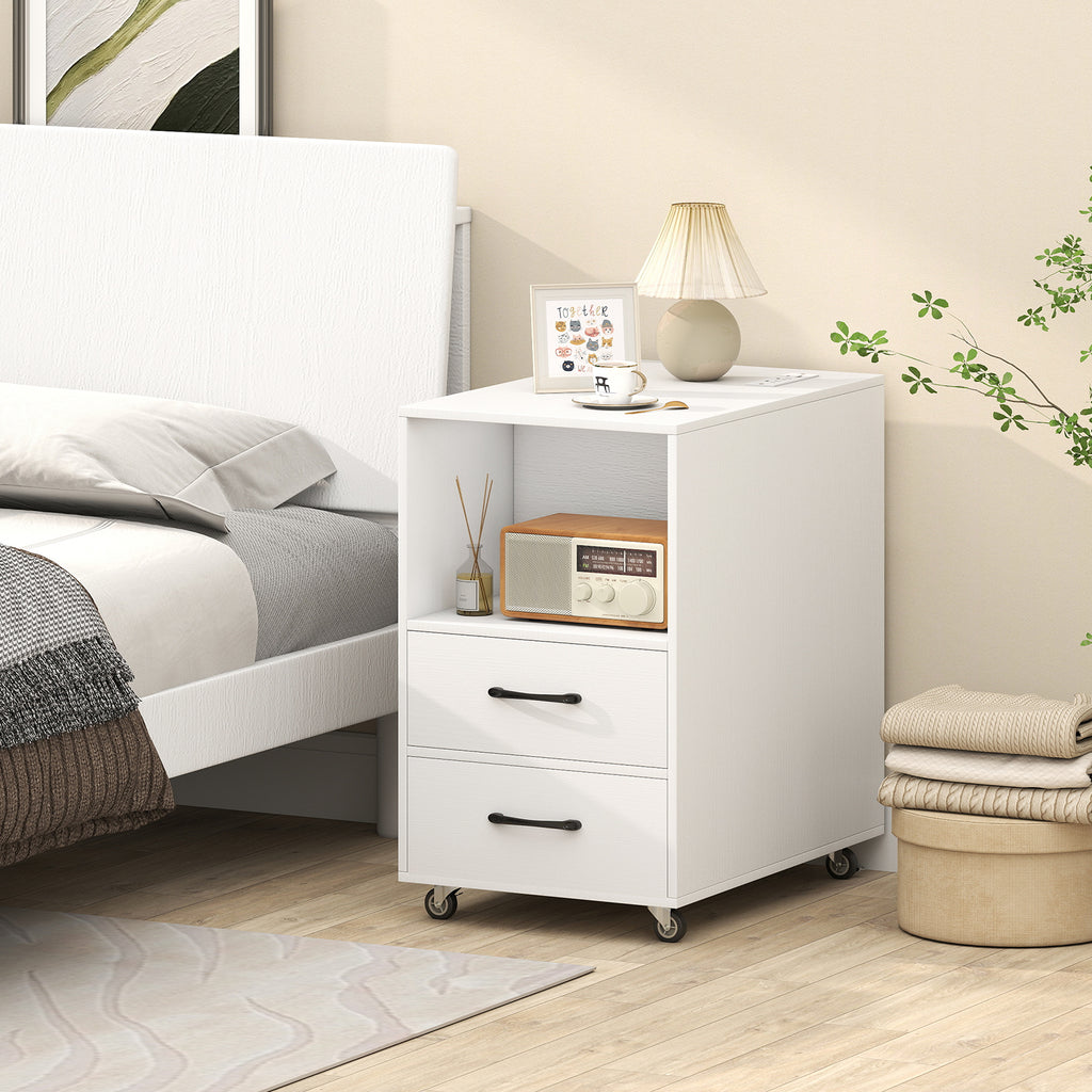 End Table with Charging Station & Storage Drawers - White