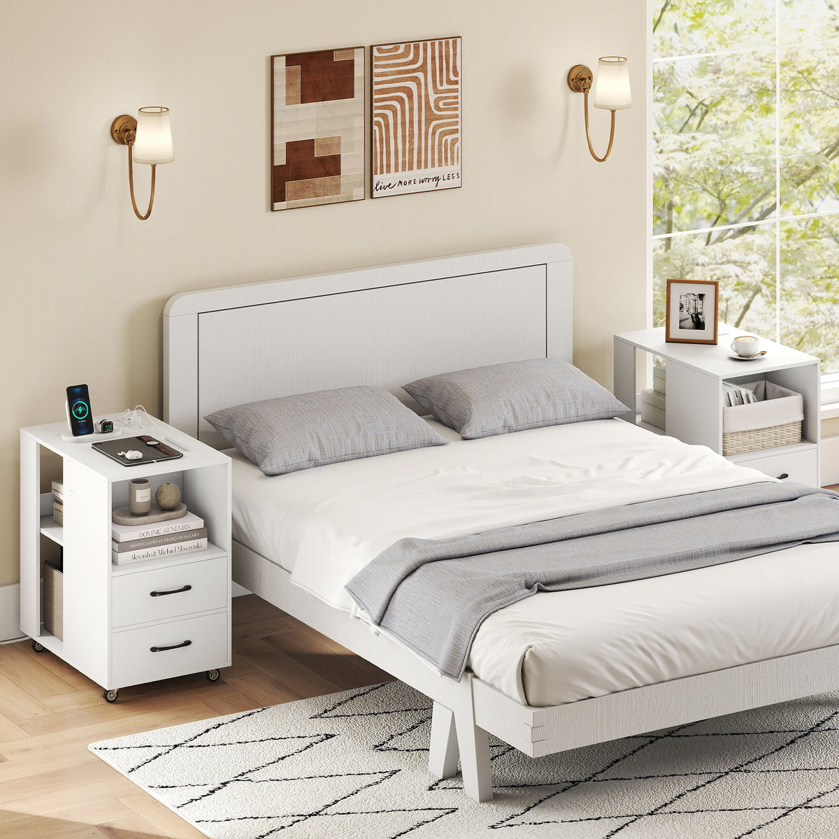 End Table with Charging Station & Storage Drawers - White