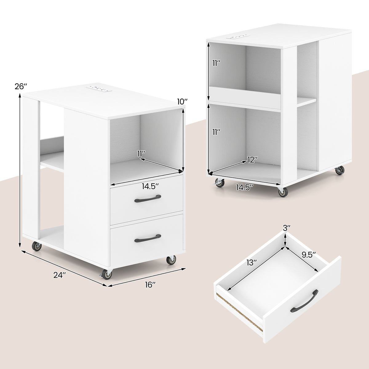End Table with Charging Station & Storage Drawers - White