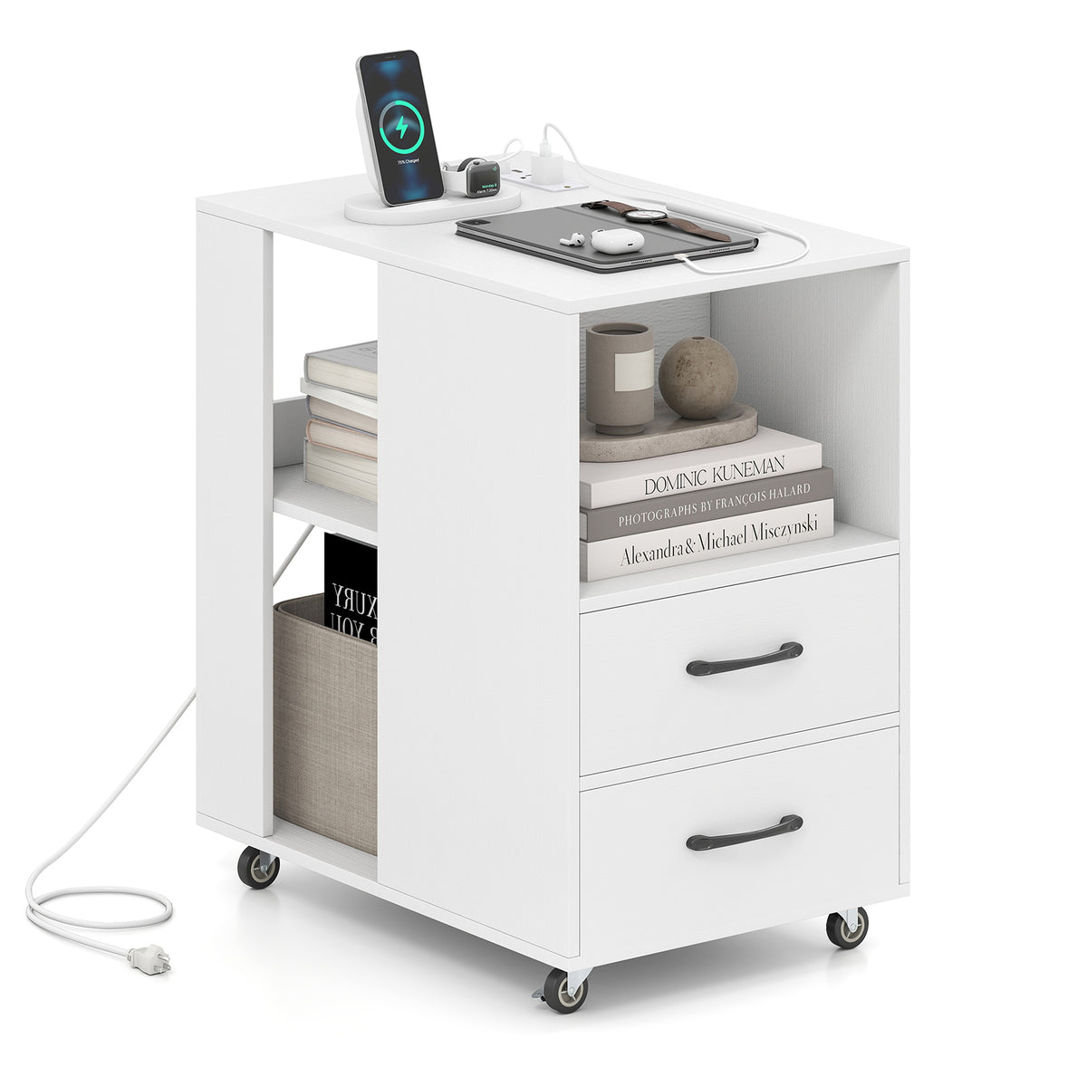 End Table with Charging Station & Storage Drawers - White