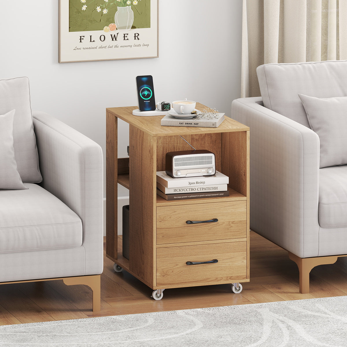 End Table with Charging Station & Storage Drawers - White