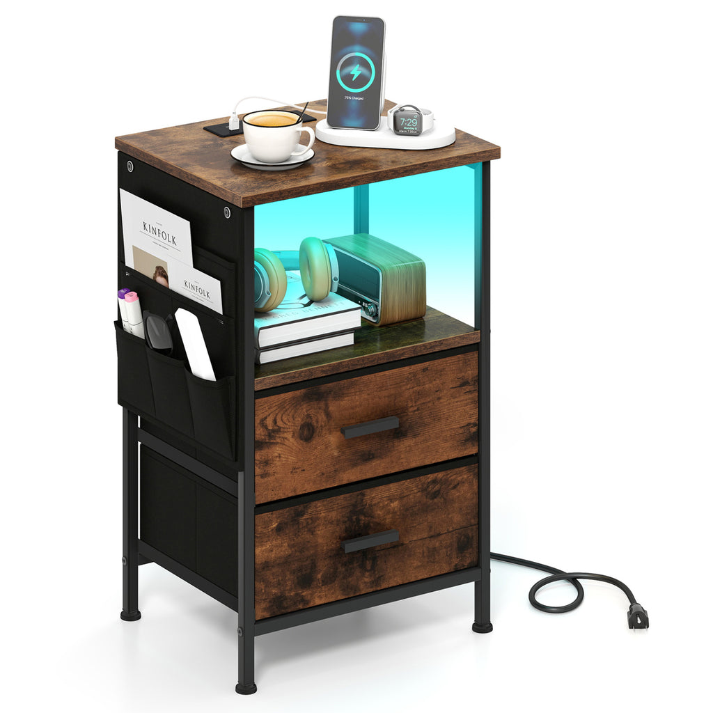 End Table with Charging Station, 1 Piece – Nightstand with Fabric Drawers