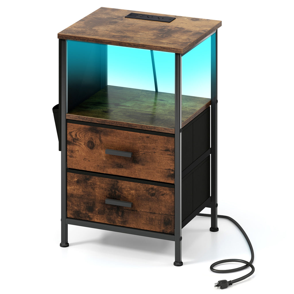 End Table with Charging Station, 1 Piece – Nightstand with Fabric Drawers