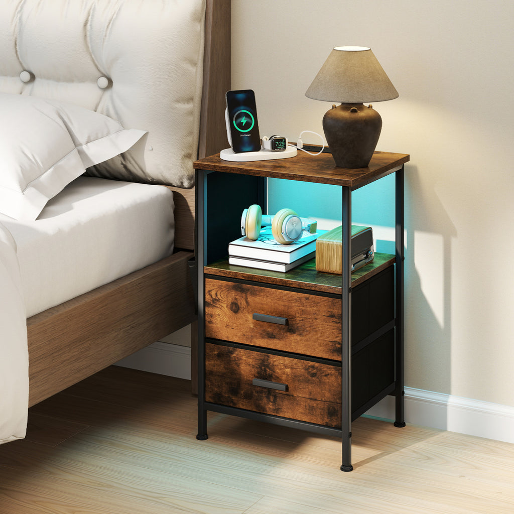 End Table with Charging Station, 1 Piece – Nightstand with Fabric Drawers