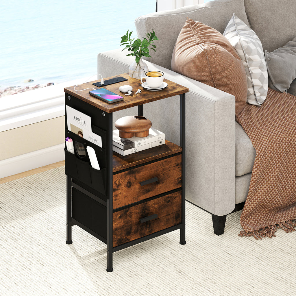 End Table with Charging Station, 1 Piece – Nightstand with Fabric Drawers