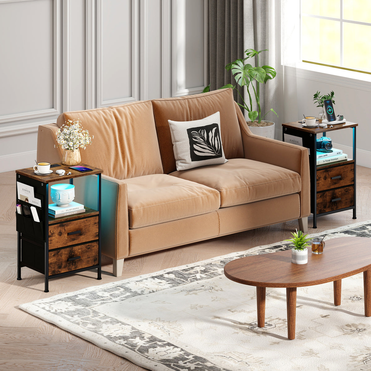 End Table with Charging Station, 1 Piece – Nightstand with Fabric Drawers