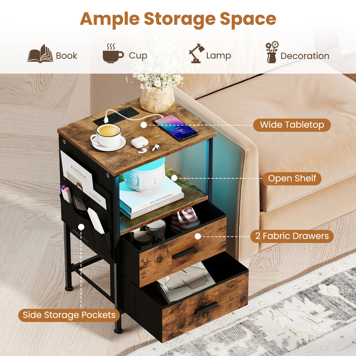 End Table with Charging Station, 1 Piece – Nightstand with Fabric Drawers