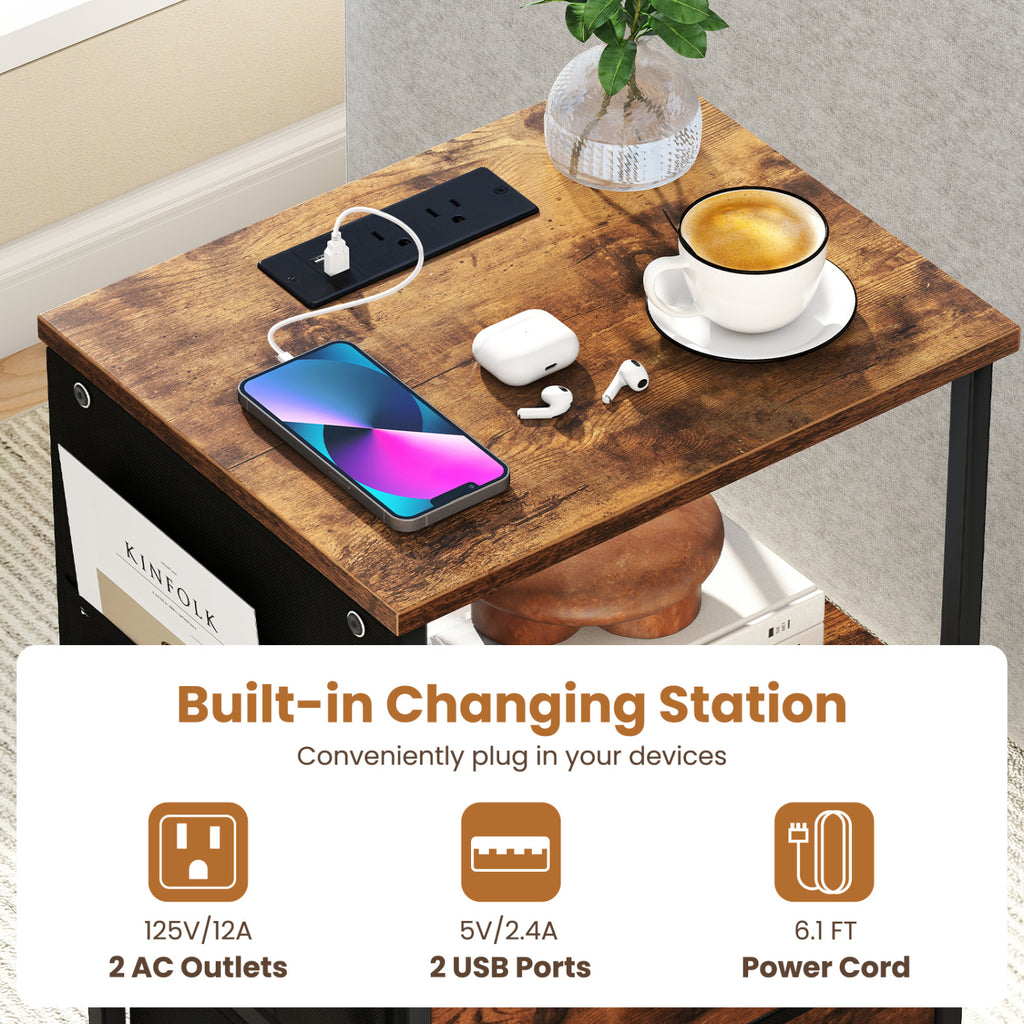 End Table with Charging Station, 1 Piece – Nightstand with Fabric Drawers