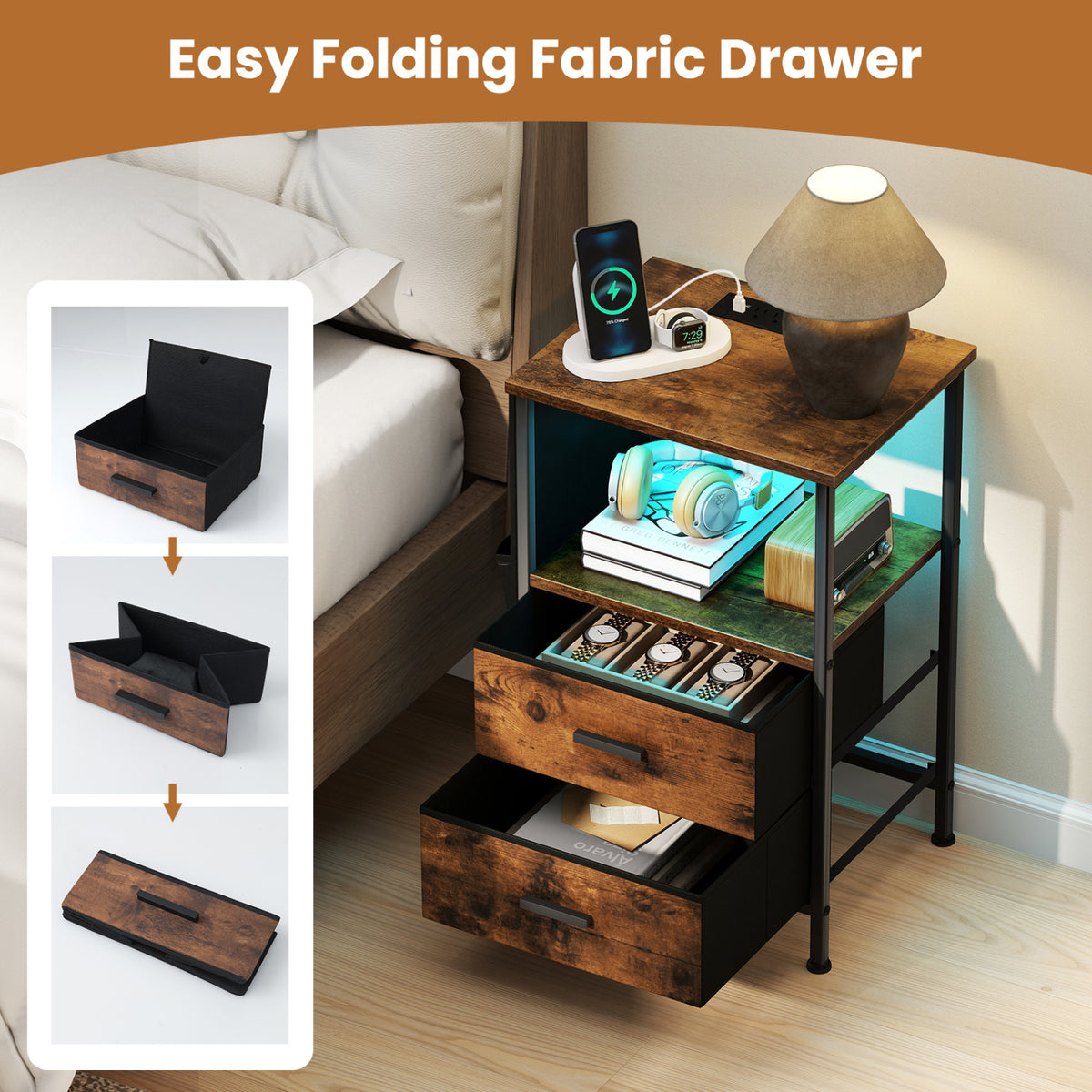 End Table with Charging Station, 1 Piece – Nightstand with Fabric Drawers