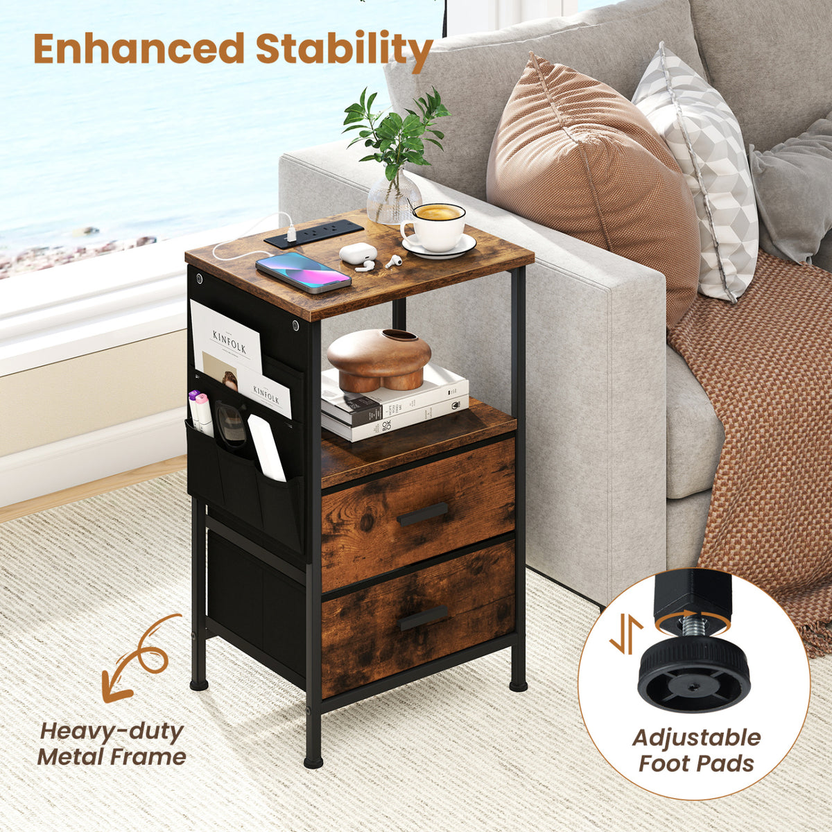 End Table with Charging Station, 1 Piece – Nightstand with Fabric Drawers