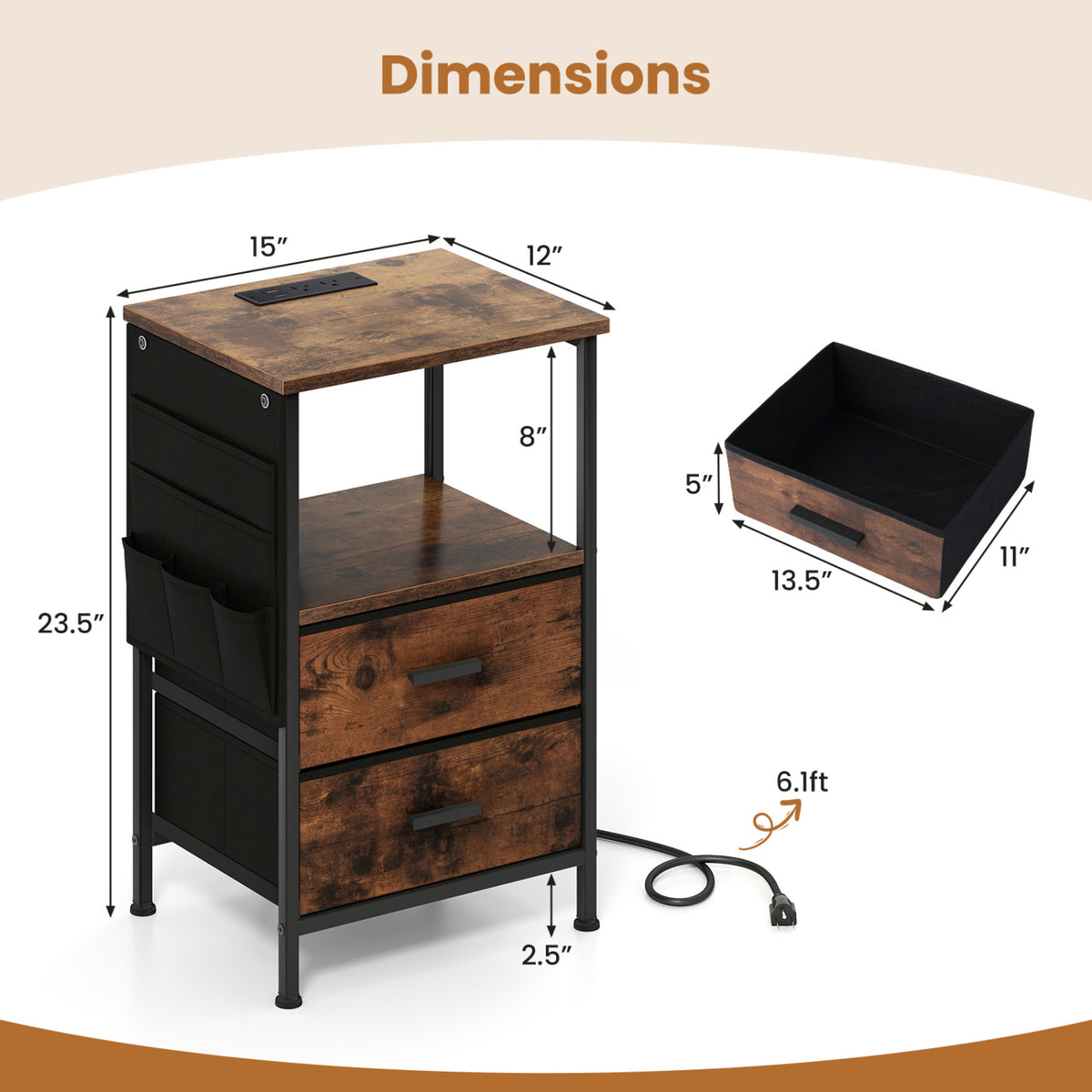 End Table with Charging Station, 1 Piece – Nightstand with Fabric Drawers