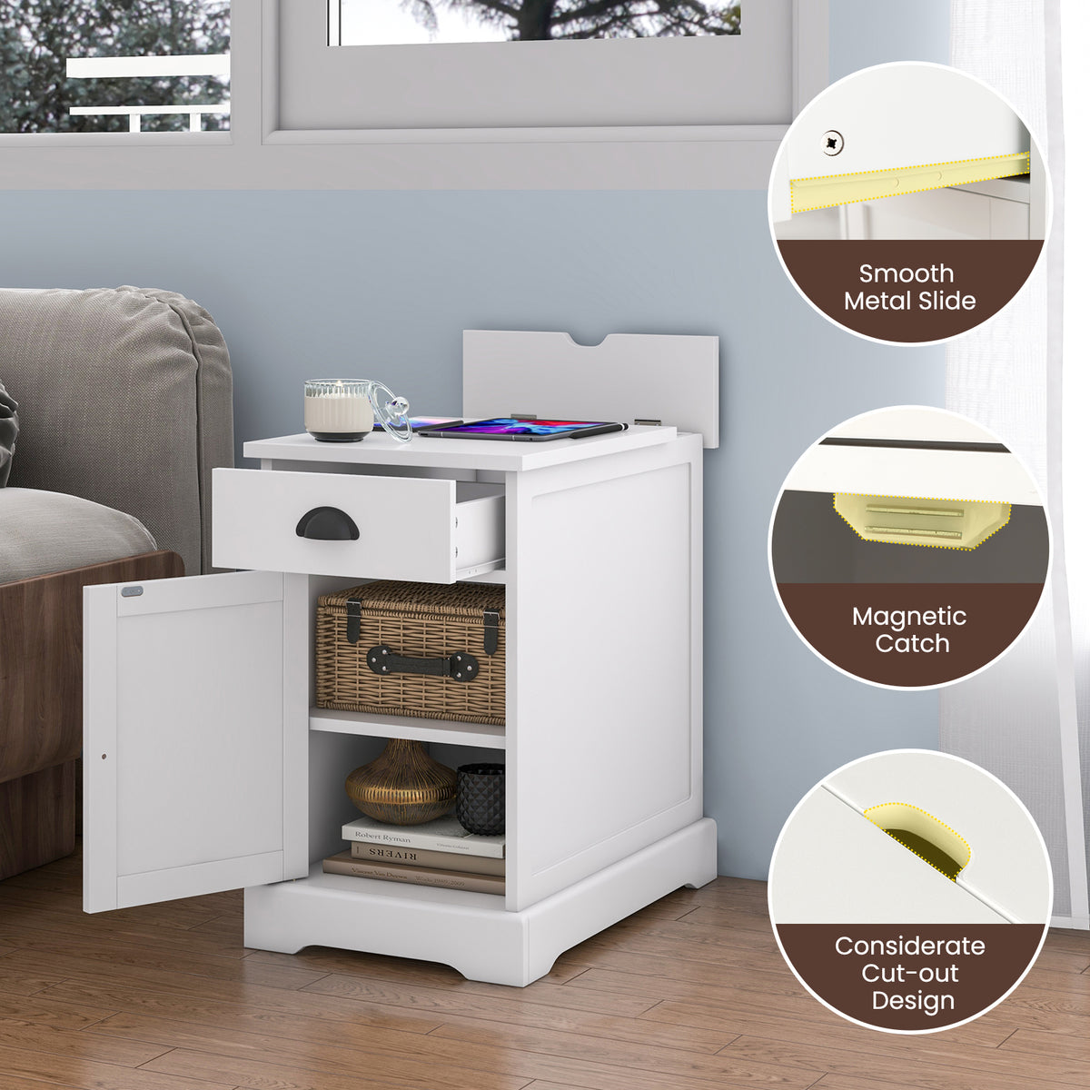 End Table with Charging Station and Flip Top – White