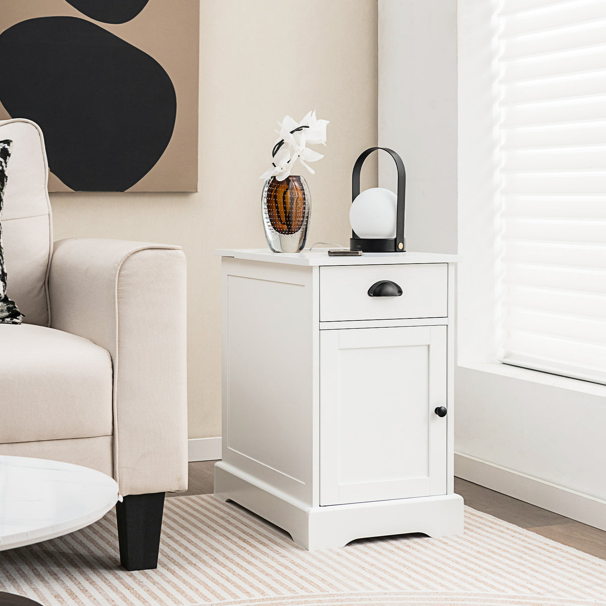 End Table with Charging Station and Flip Top – White