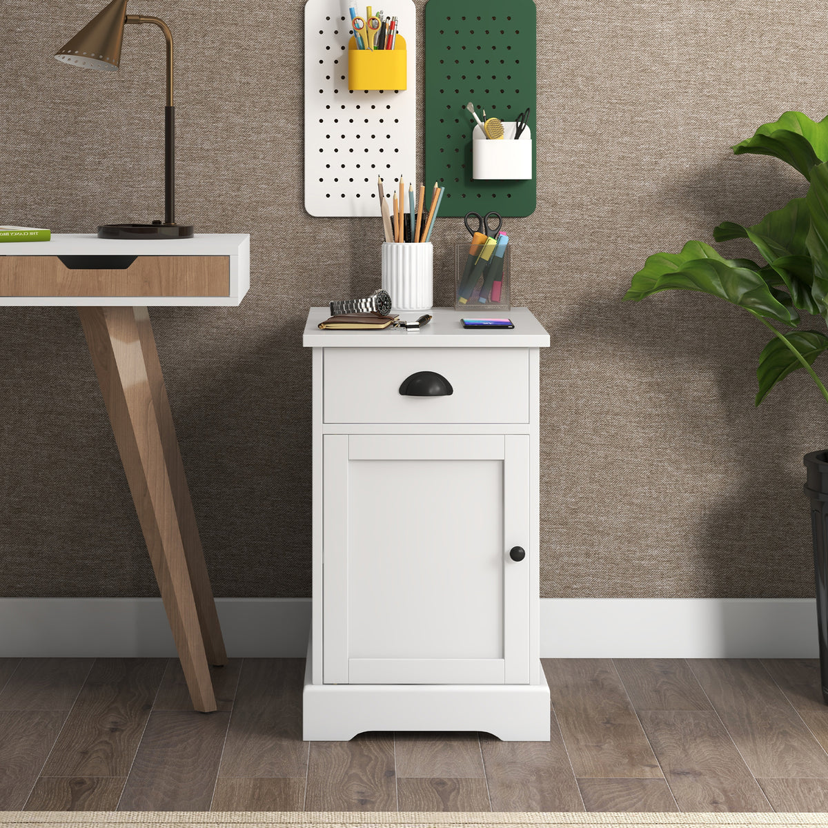 End Table with Charging Station and Flip Top – White