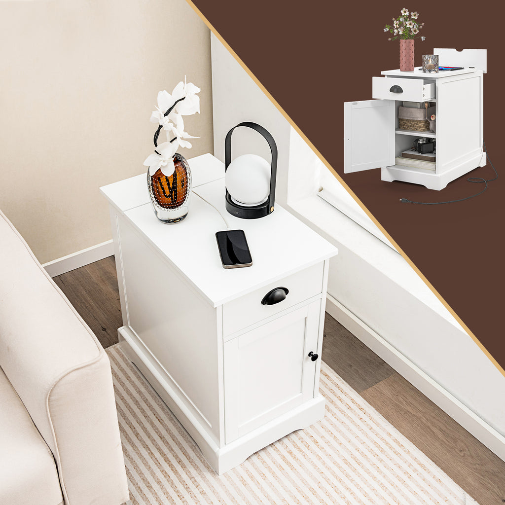 End Table with Charging Station and Flip Top – White