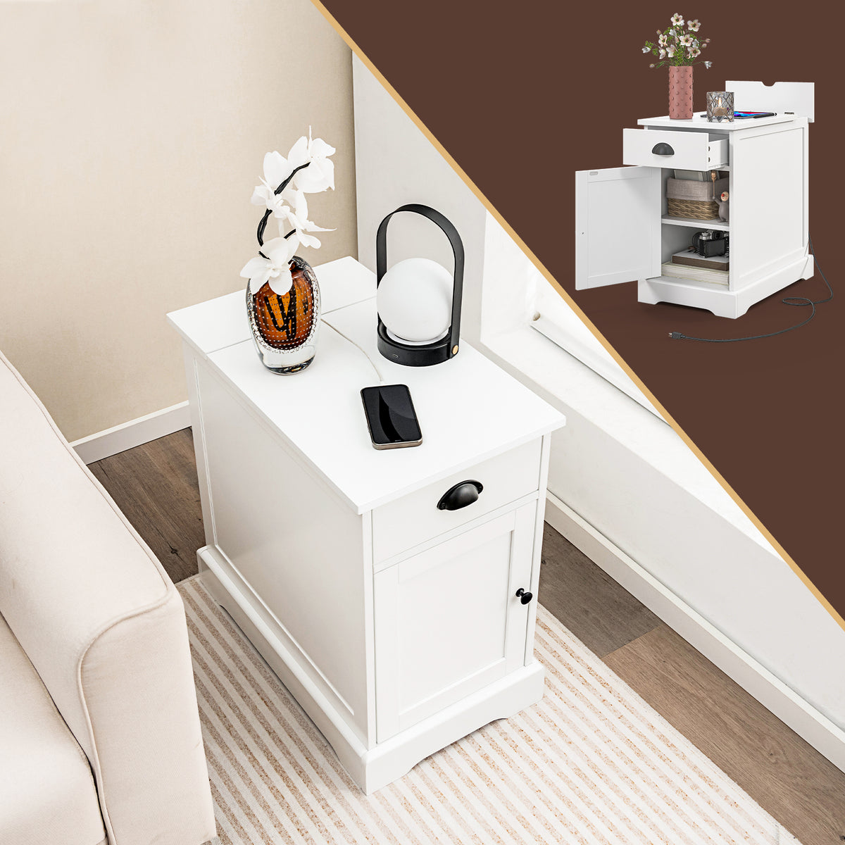 End Table with Charging Station and Flip Top – White