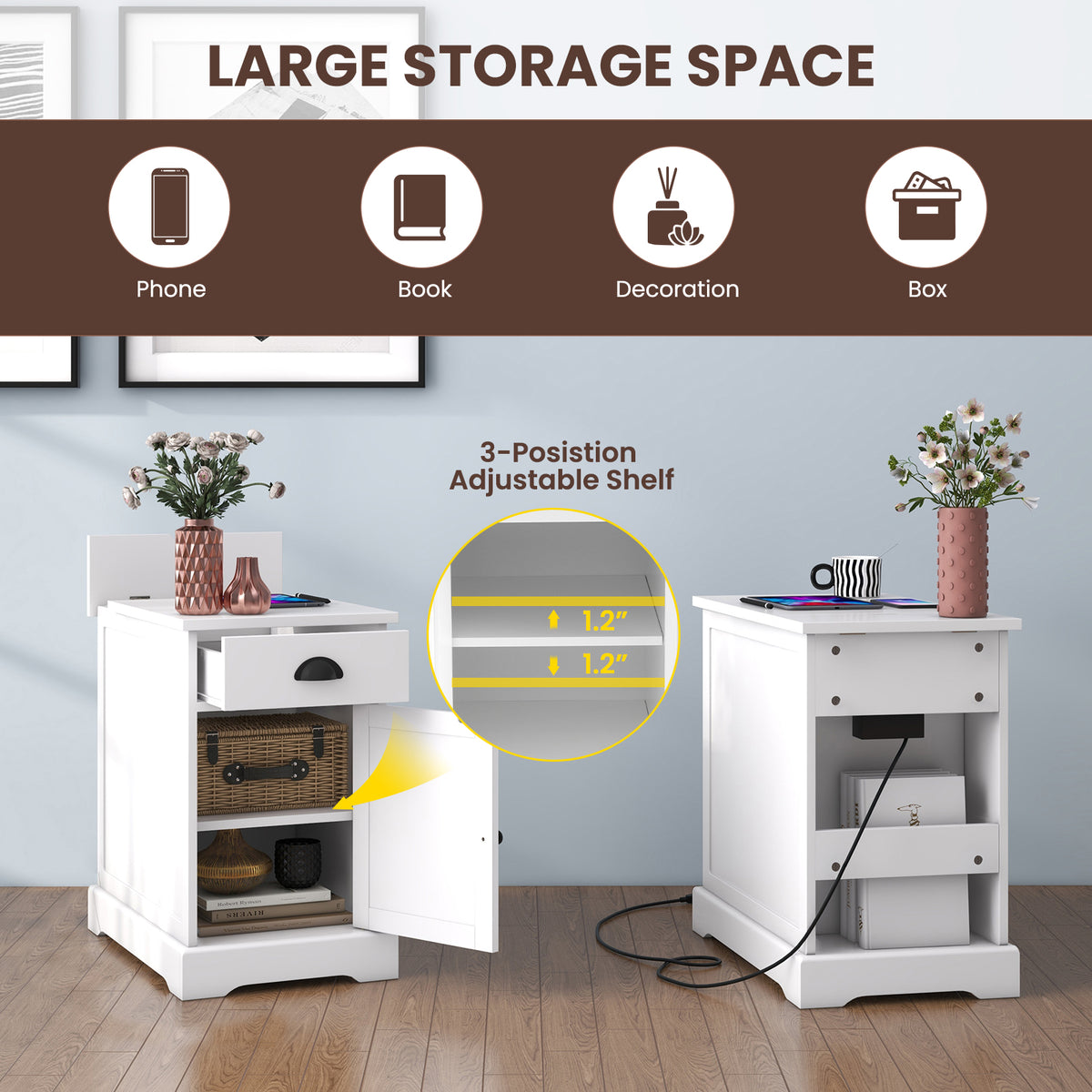 End Table with Charging Station and Flip Top – White
