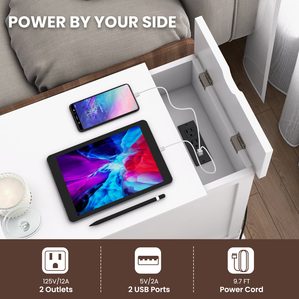 End Table with Charging Station and Flip Top – White