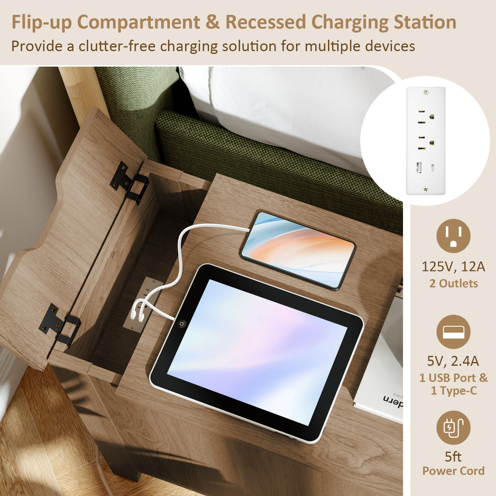 Flip Top End Table with Charging Station - Natural