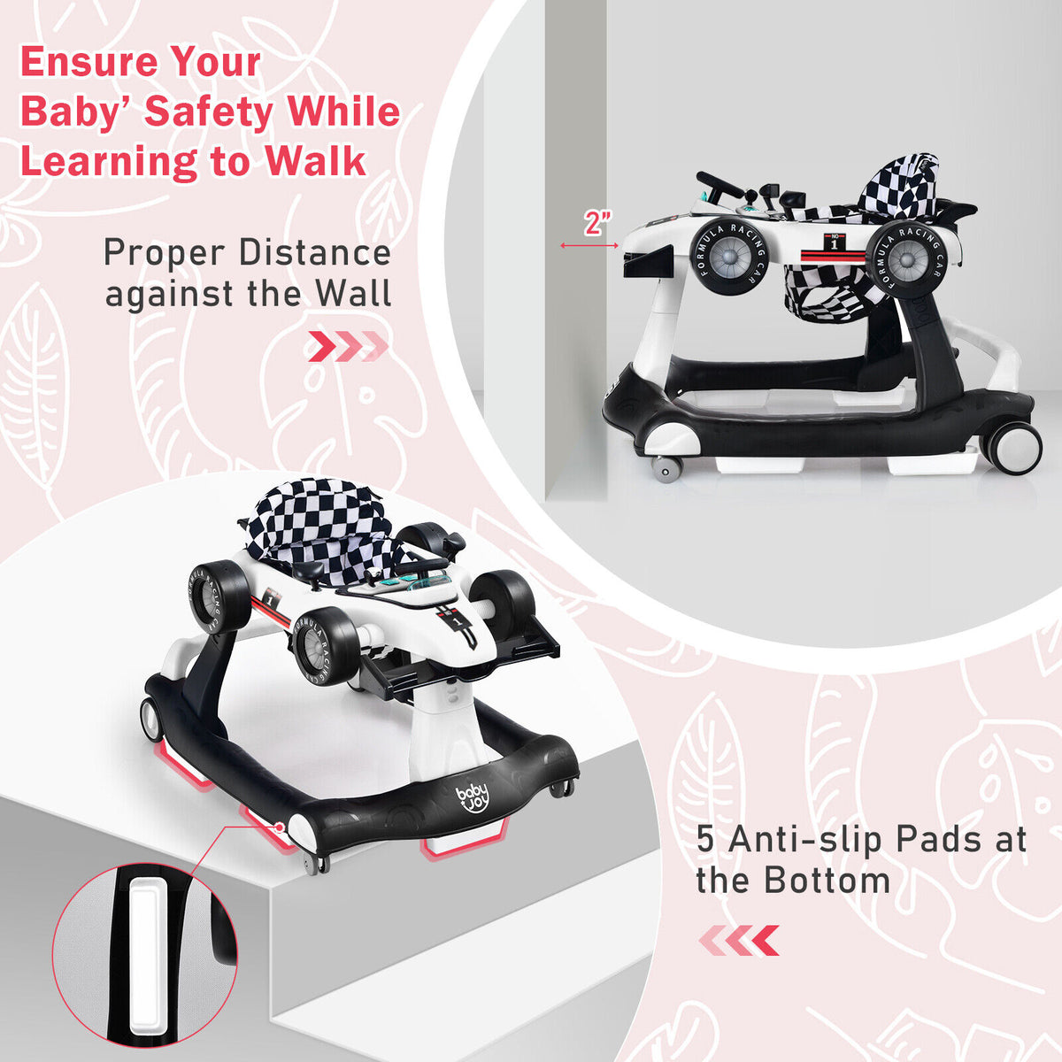 4-in-1 Baby Push Walker with Adjustable Height - White, Foldable Toddler Activity Walker