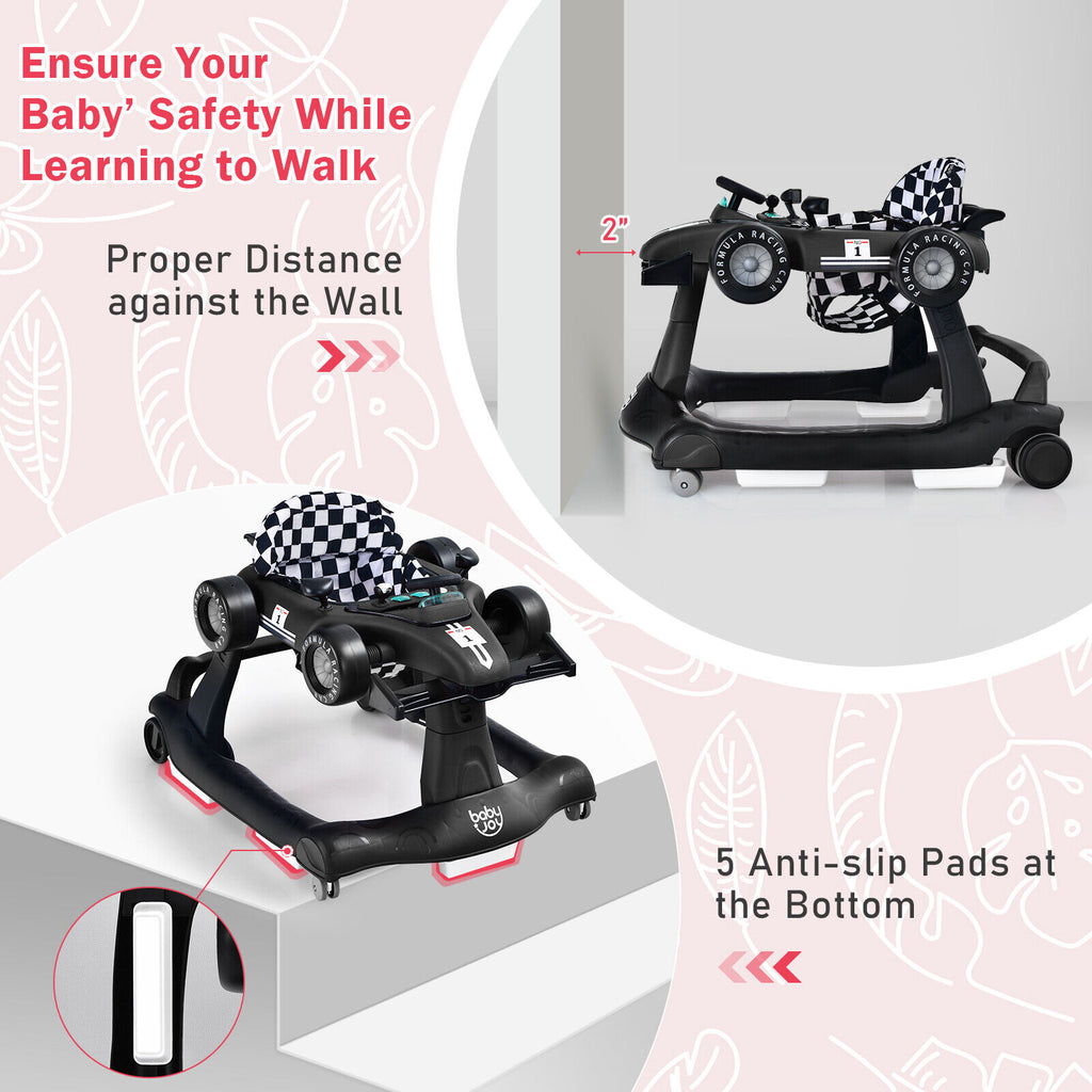 4-in-1 Baby Push Walker with Adjustable Height & Music - Black
