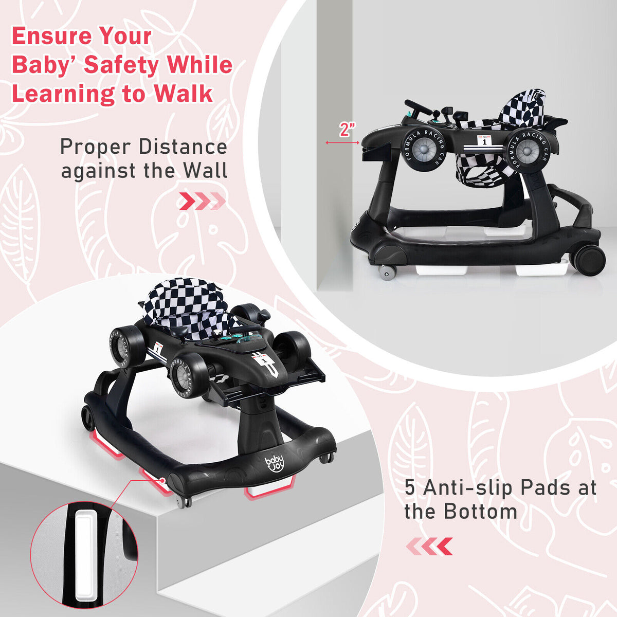 4-in-1 Baby Push Walker with Adjustable Height & Music - Black
