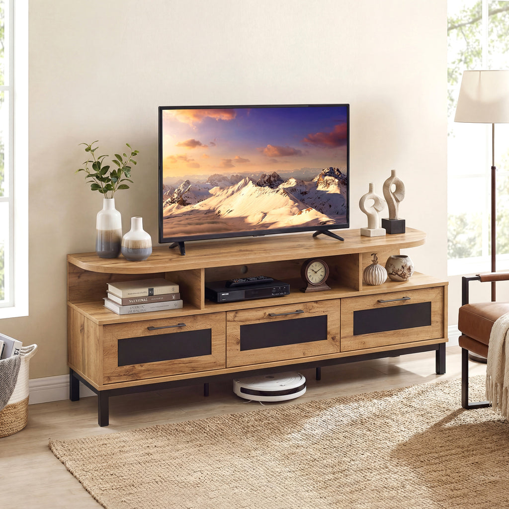 TV Entertainment Center with 3 Drawers & Open Shelves - Natural