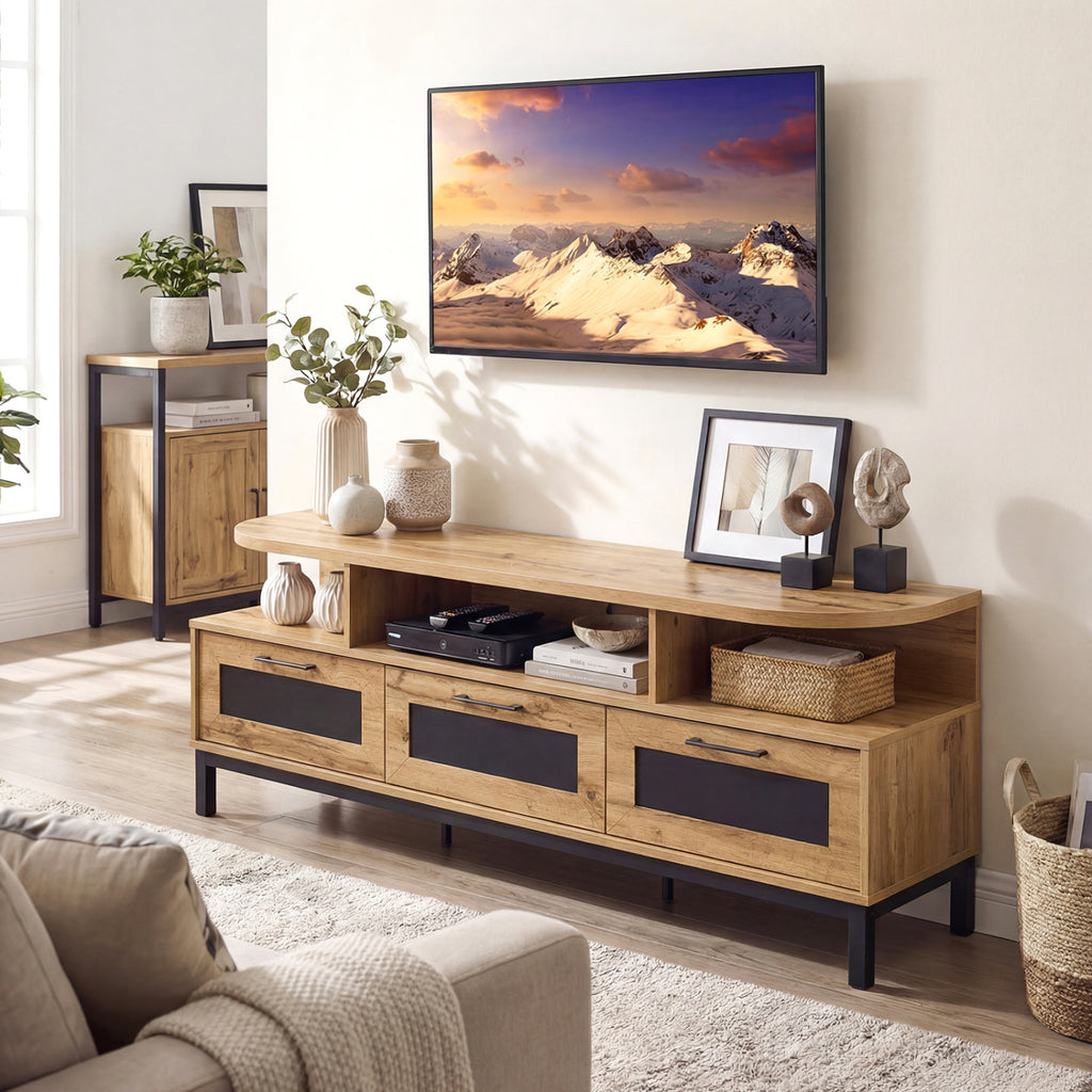 TV Entertainment Center with 3 Drawers & Open Shelves - Natural