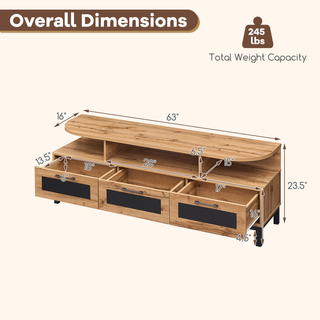 TV Entertainment Center with 3 Drawers & Open Shelves - Natural