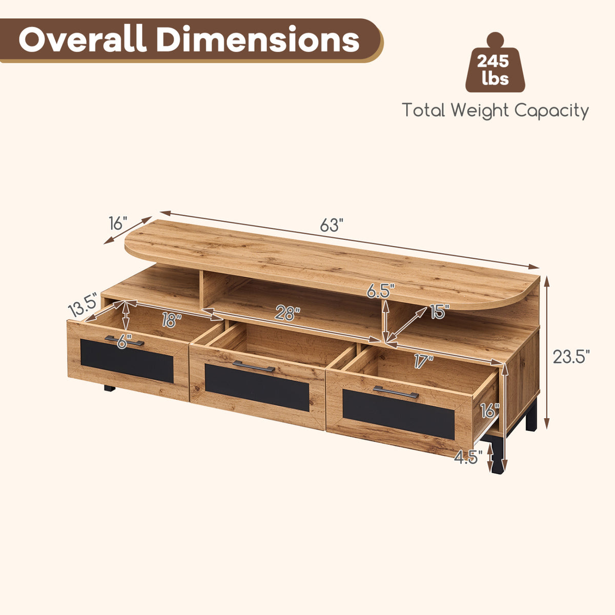 TV Entertainment Center with 3 Drawers & Open Shelves - Natural