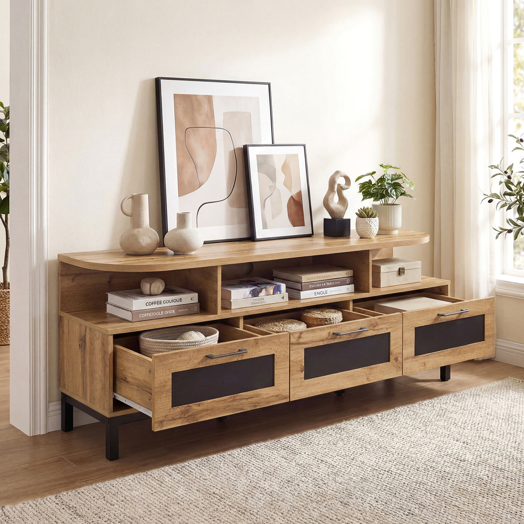 TV Entertainment Center with 3 Drawers & Open Shelves - Natural