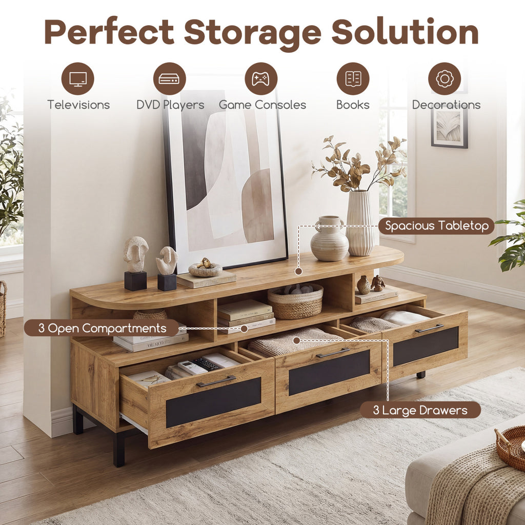 TV Entertainment Center with 3 Drawers & Open Shelves - Natural