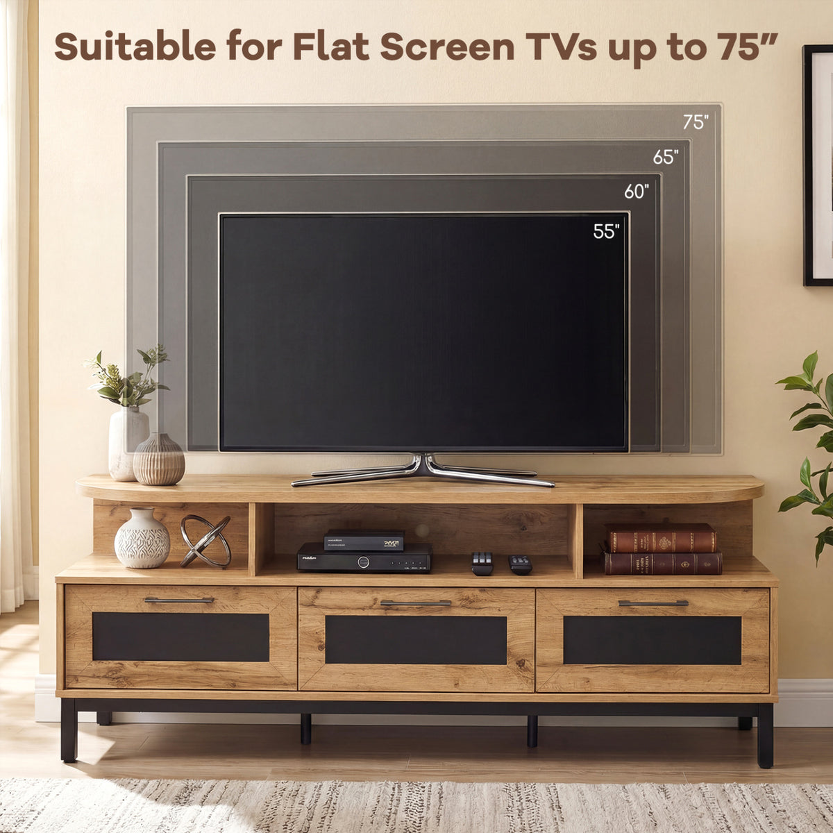 TV Entertainment Center with 3 Drawers & Open Shelves - Natural