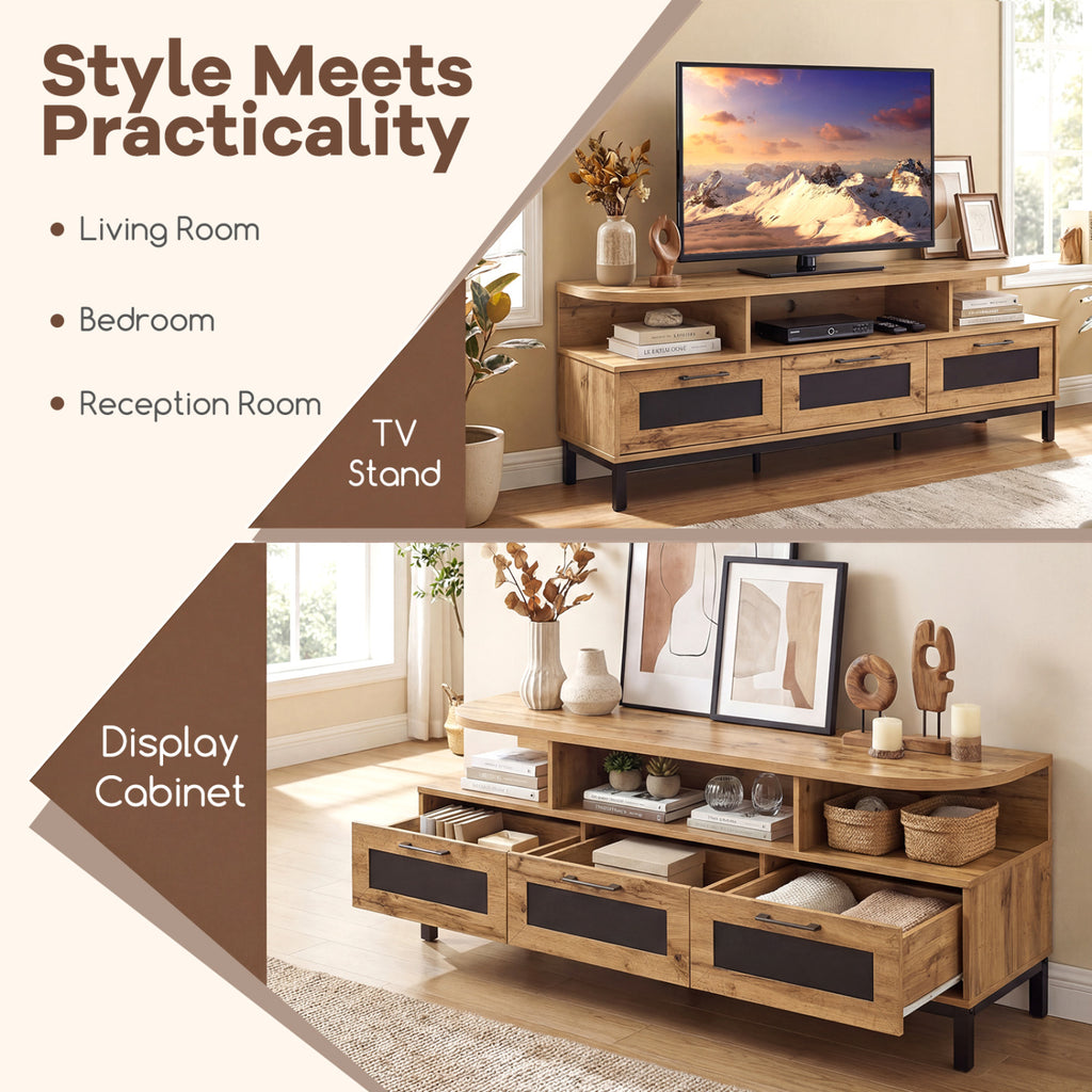 TV Entertainment Center with 3 Drawers & Open Shelves - Natural