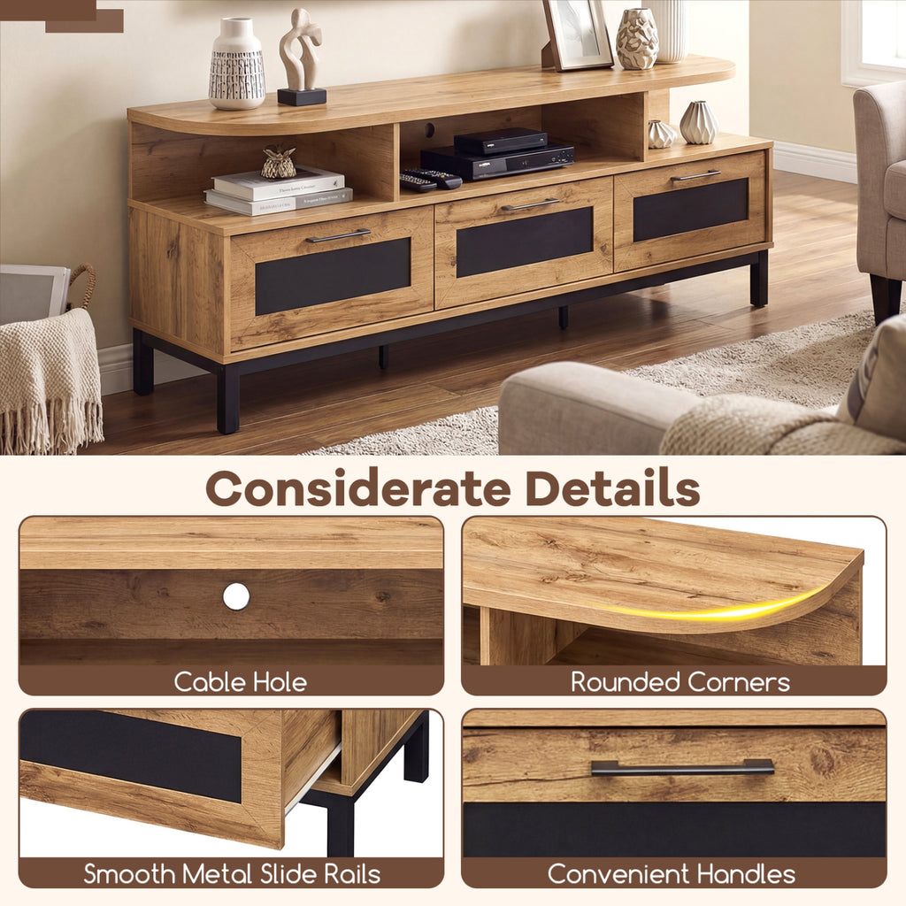 TV Entertainment Center with 3 Drawers & Open Shelves - Natural