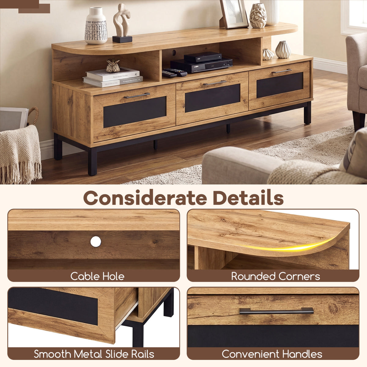 TV Entertainment Center with 3 Drawers & Open Shelves - Natural