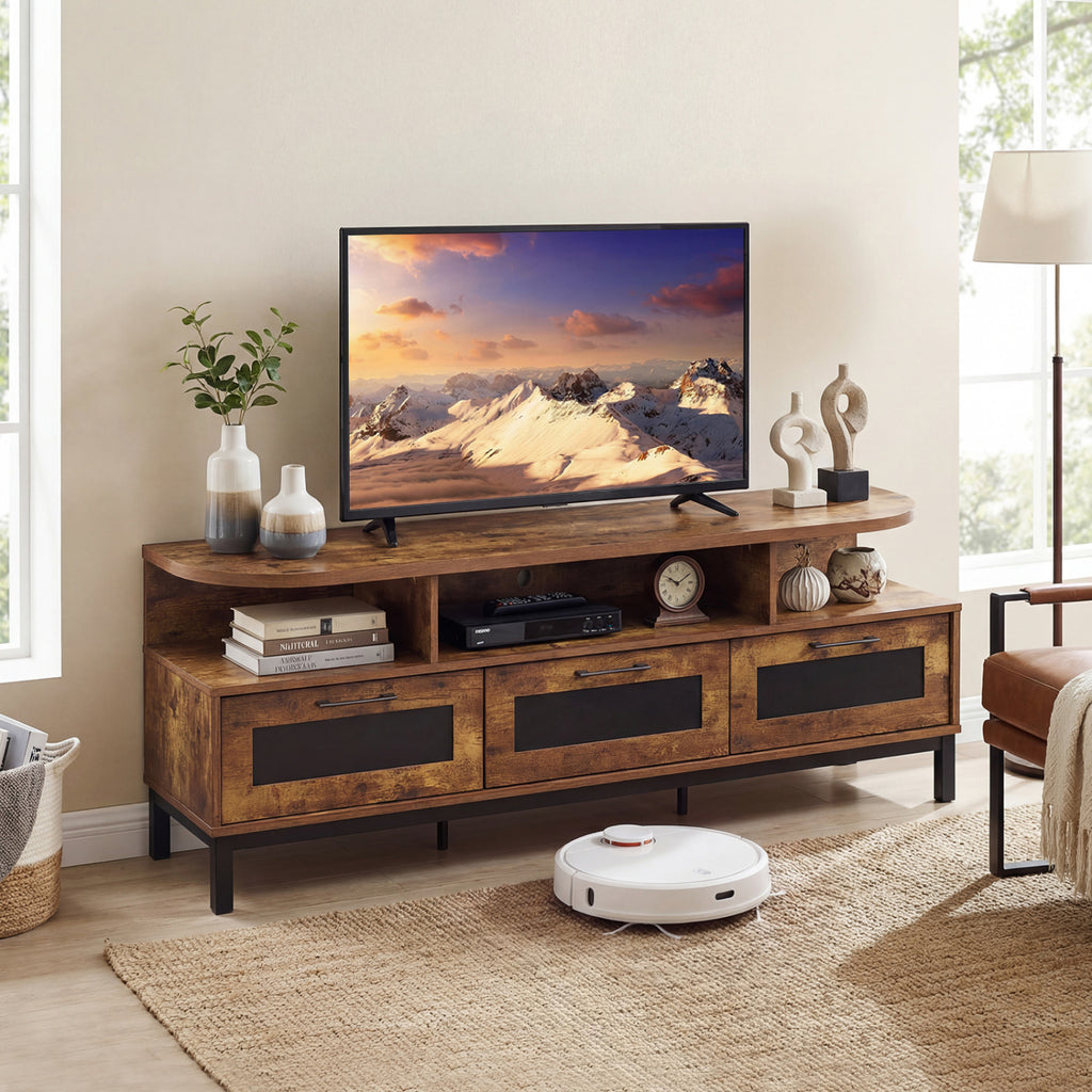 TV Entertainment Center with 3 Drawers & Open Shelves - Natural